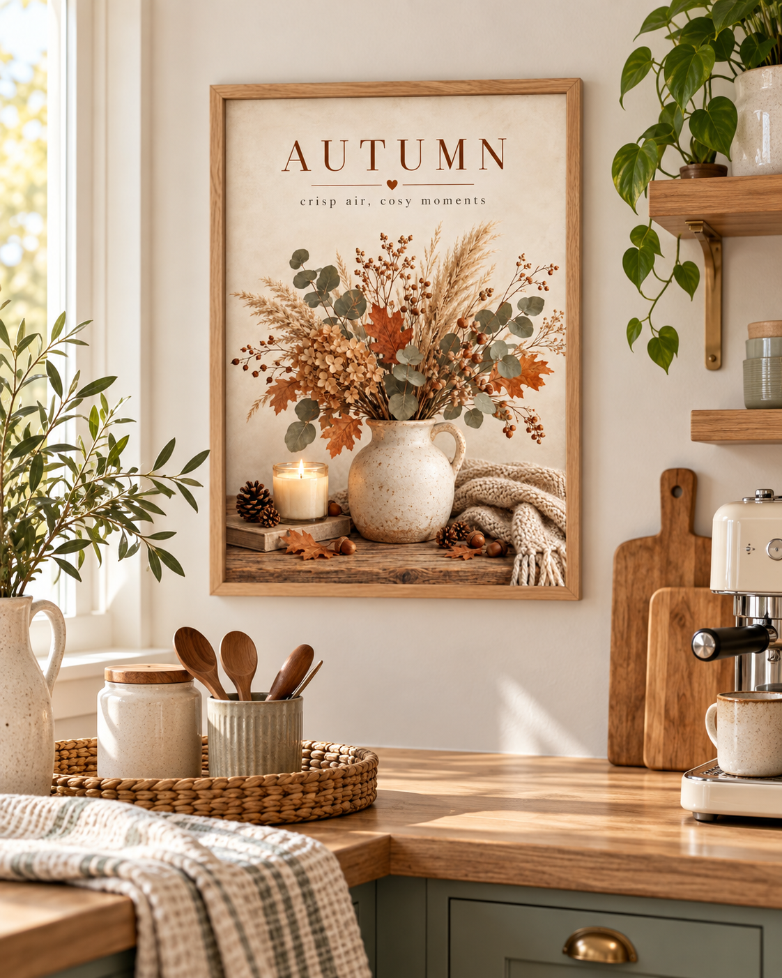 Autumn crisp air cosy moments artwork with dried flowers, eucalyptus and grasses in a rustic vase, candle and knitted blanket styled in a kitchen