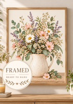 Pink wildflowers and white daisies with lavender stems and green foliage in a cream ceramic jug on a rustic tabletop; framed and ready to hang badge