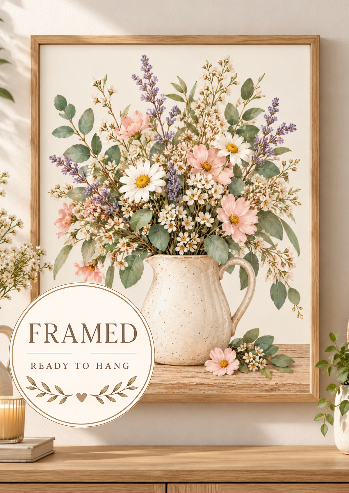 Pink wildflowers and white daisies with lavender stems and green foliage in a cream ceramic jug on a rustic tabletop; framed and ready to hang badge