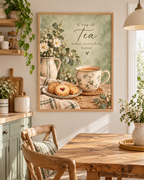 A cup of tea makes everything better quote with floral teacup, biscuits, daisies, ceramic jug and sage green background styled in a dining area