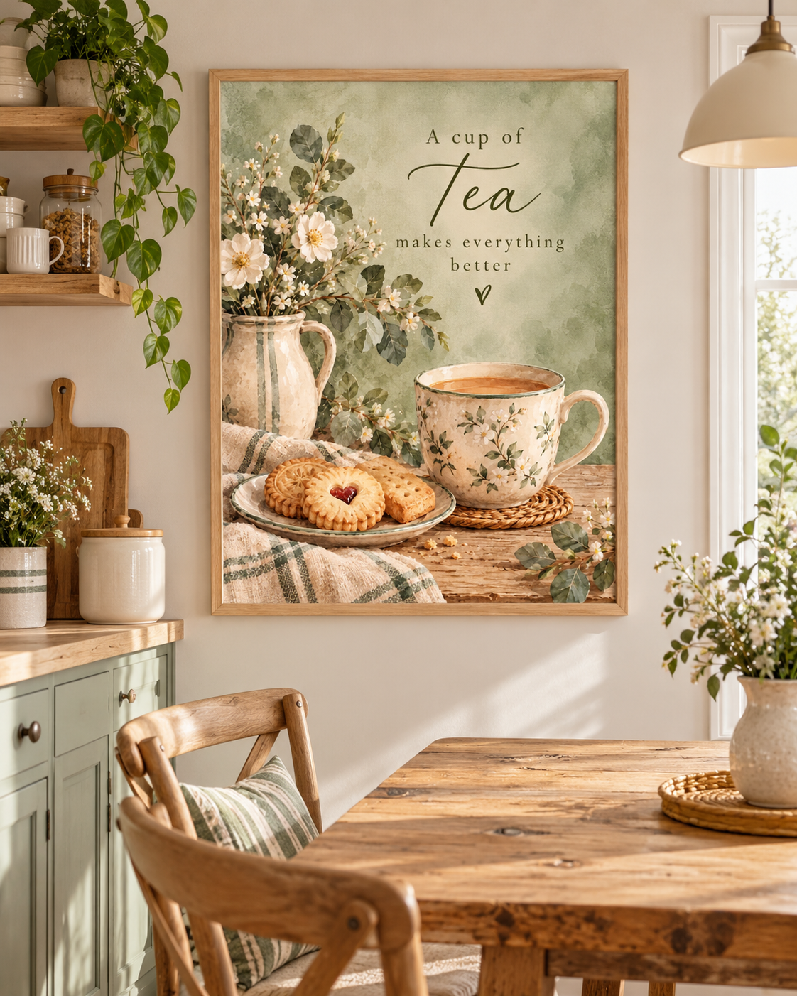 A cup of tea makes everything better quote with floral teacup, biscuits, daisies, ceramic jug and sage green background styled in a dining area