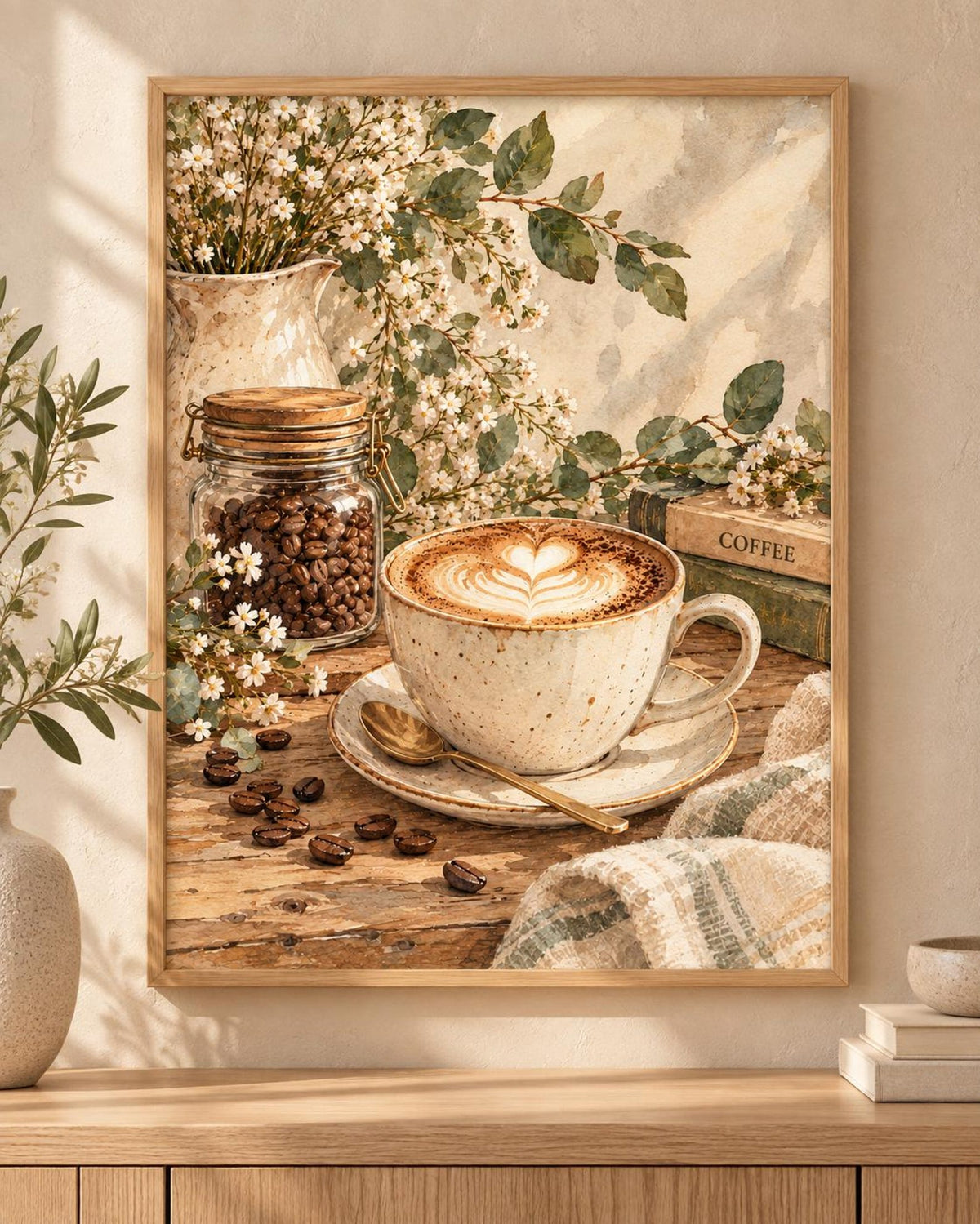 Botanical Coffee Print, Neutral Latte Kitchen Art for Coffee Bar — front image