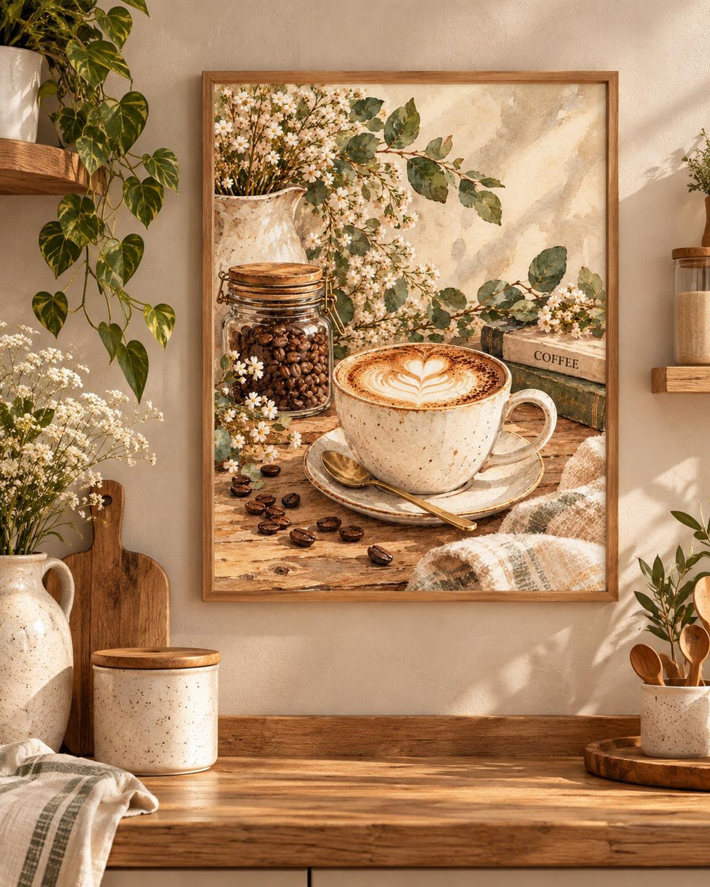 Botanical Coffee Print, Neutral Latte Kitchen Art for Coffee Bar — lifestyle mockup 1