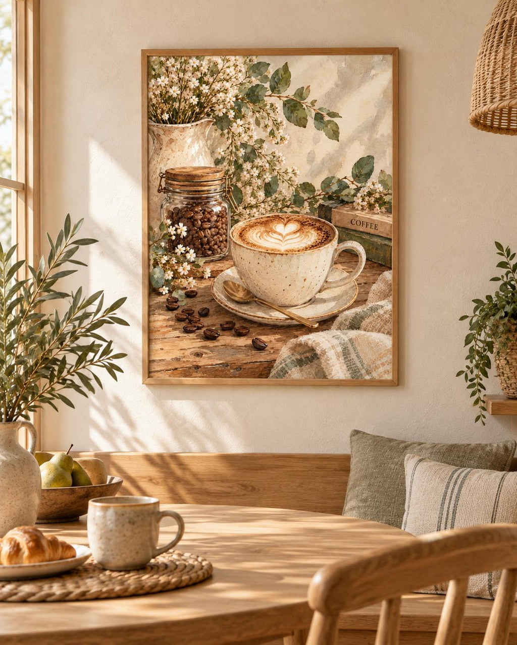 Botanical Coffee Print, Neutral Latte Kitchen Art for Coffee Bar — lifestyle mockup 2