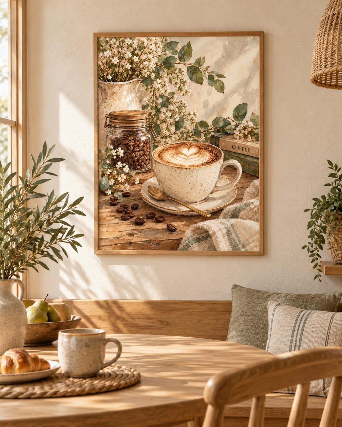 Botanical Coffee Print, Neutral Latte Kitchen Art for Coffee Bar — lifestyle mockup 2