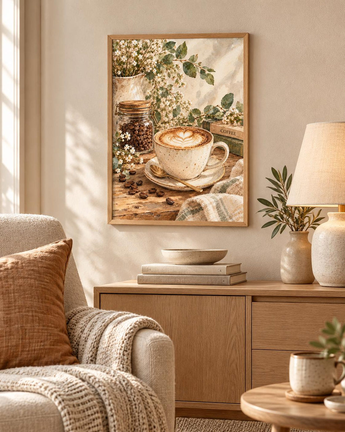 Botanical Coffee Print, Neutral Latte Kitchen Art for Coffee Bar — lifestyle mockup 3