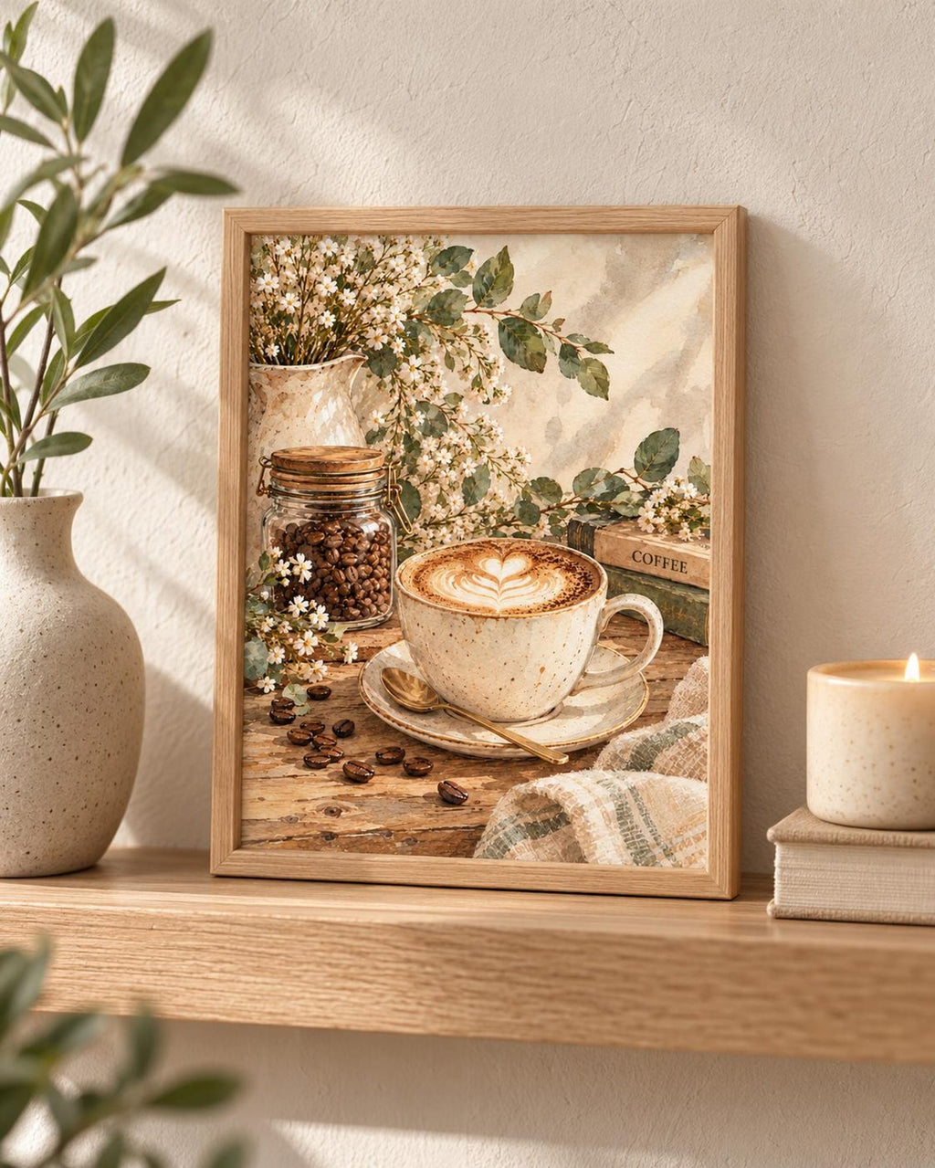 Botanical Coffee Print, Neutral Latte Kitchen Art for Coffee Bar — lifestyle mockup 4