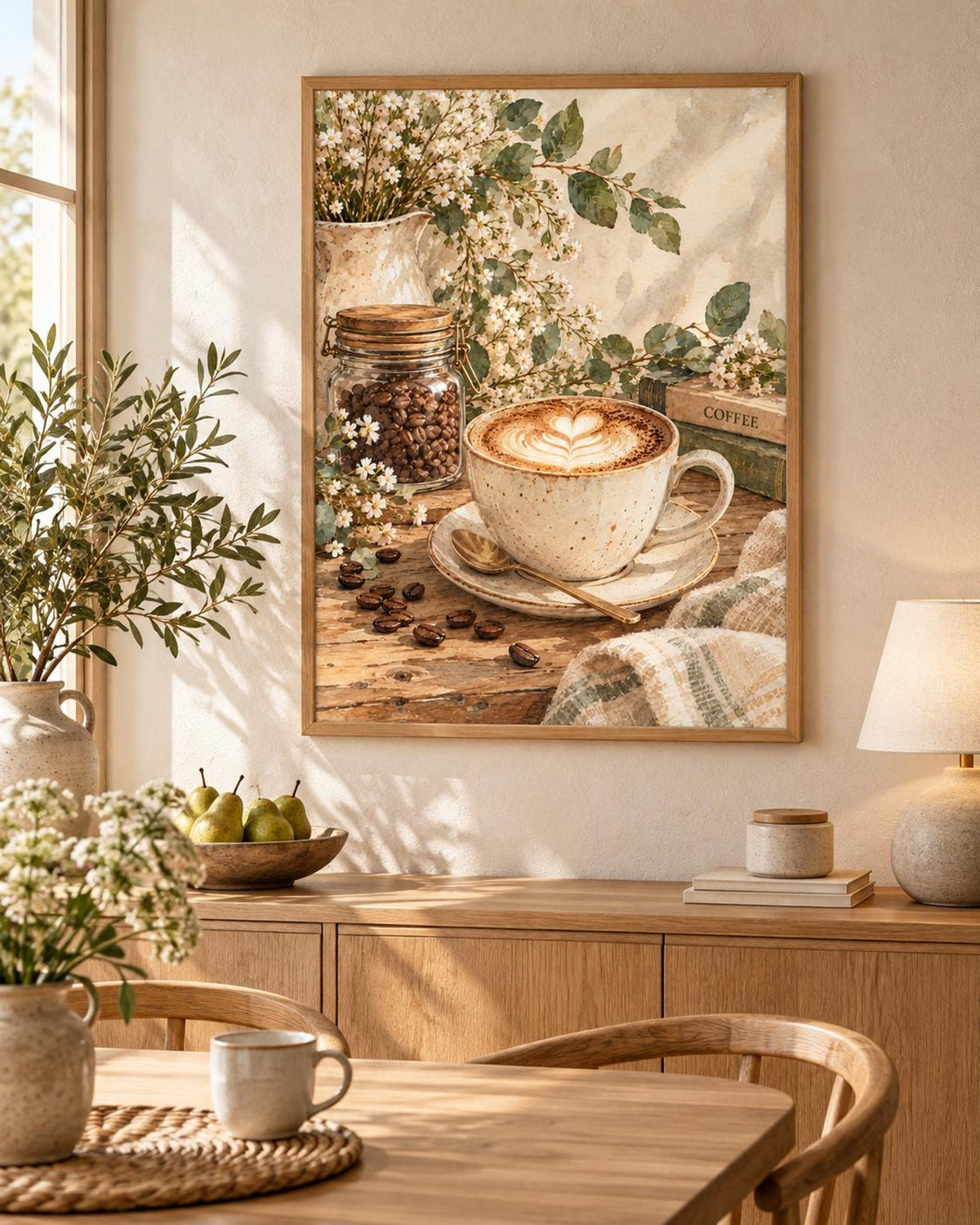 Botanical Coffee Print, Neutral Latte Kitchen Art for Coffee Bar — lifestyle mockup 5