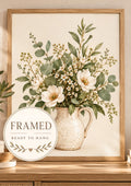 Framed Botanical Floral Print, Neutral Wildflower Vase Wall Art — framed ready-to-hang front image