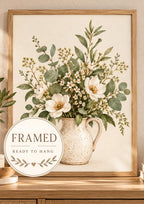 Framed Botanical Floral Print, Neutral Wildflower Vase Wall Art — framed ready-to-hang front image