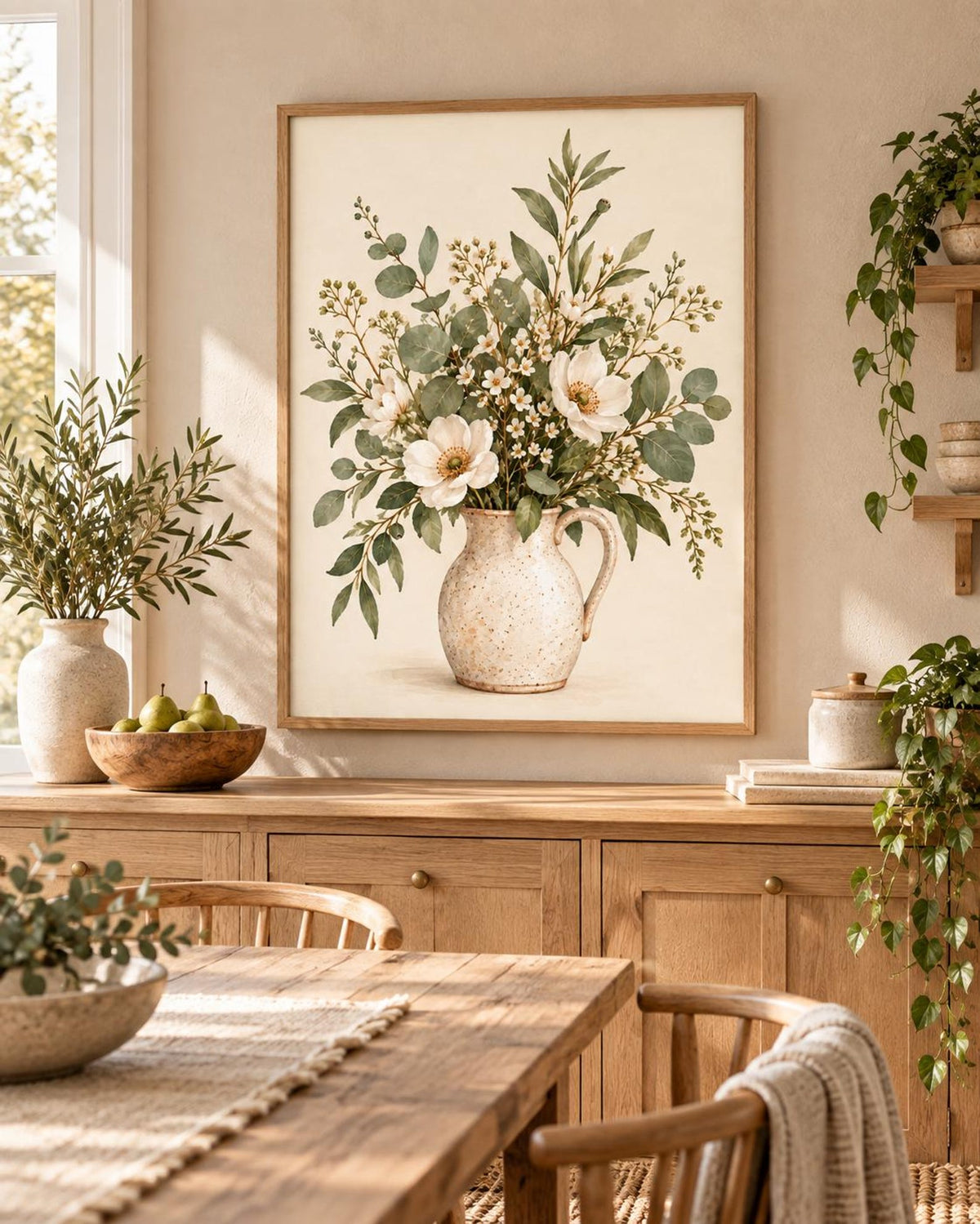 Framed Botanical Floral Print, Neutral Wildflower Vase Wall Art — lifestyle mockup 1