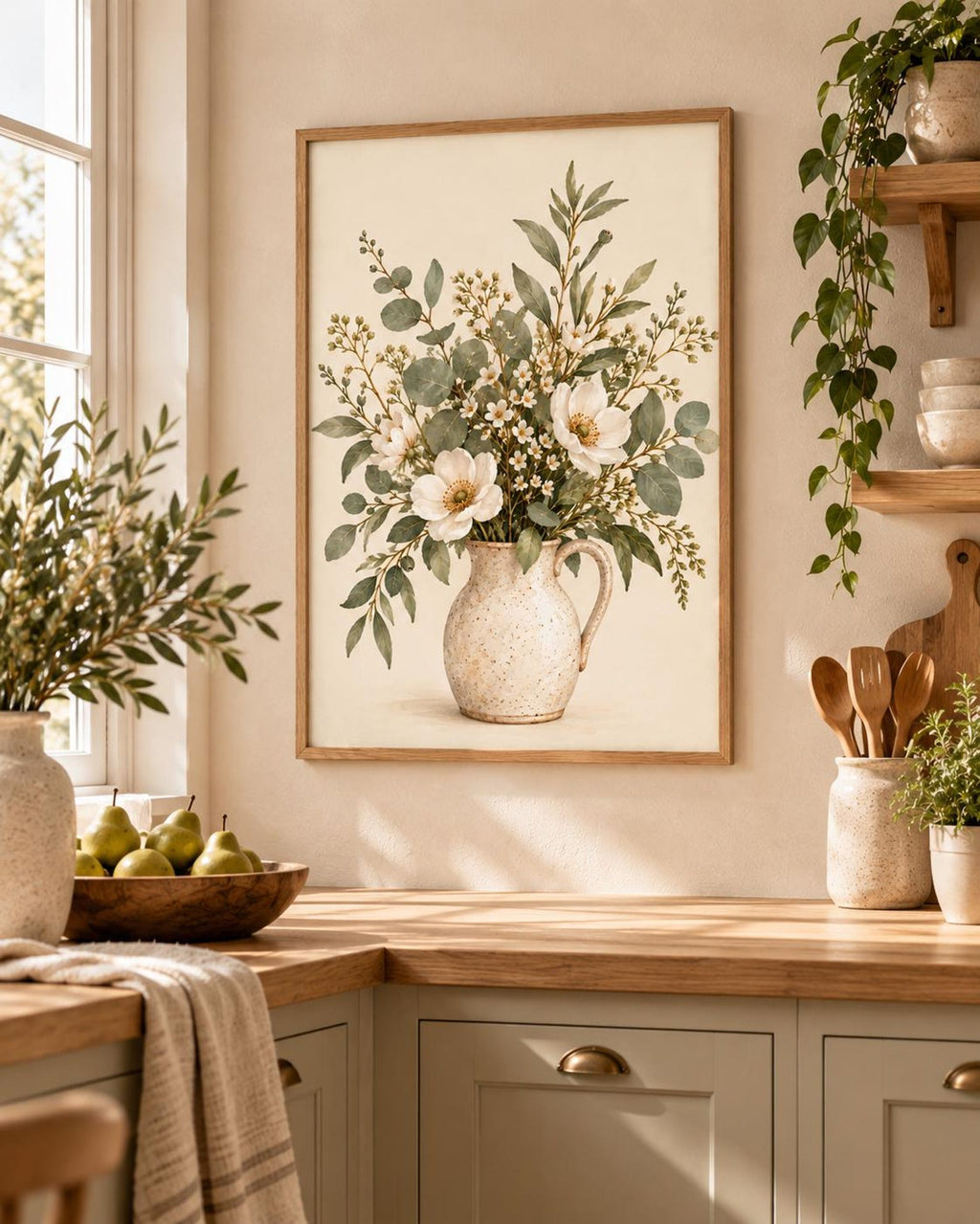 Framed Botanical Floral Print, Neutral Wildflower Vase Wall Art — lifestyle mockup 2