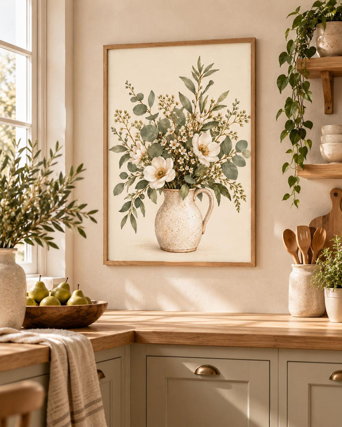 Framed Botanical Floral Print, Neutral Wildflower Vase Wall Art — lifestyle mockup 2