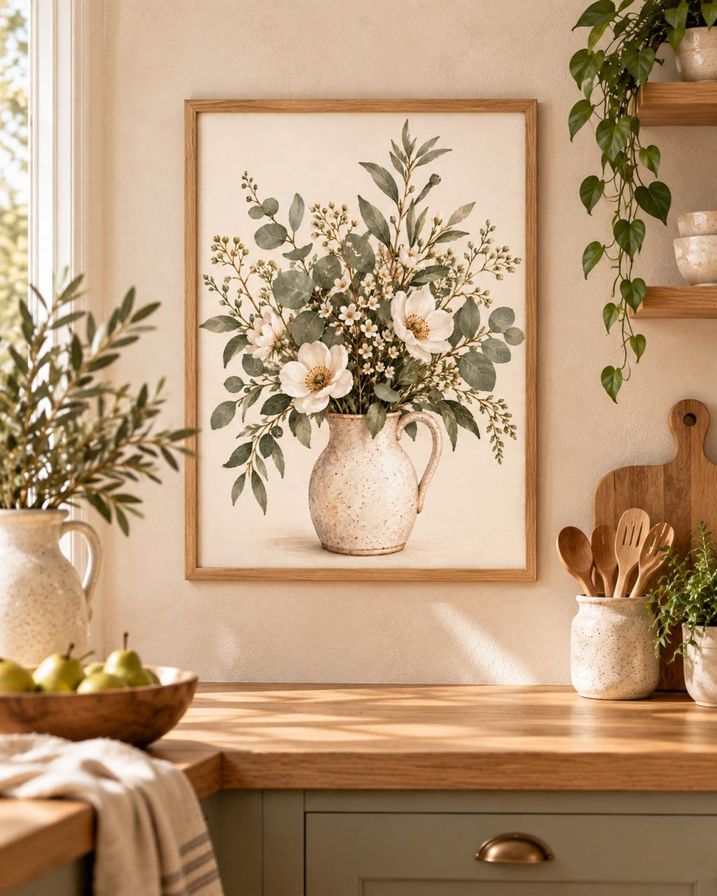 Framed Botanical Floral Print, Neutral Wildflower Vase Wall Art — lifestyle mockup 3