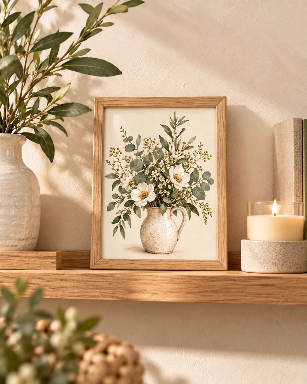 Framed Botanical Floral Print, Neutral Wildflower Vase Wall Art — lifestyle mockup 4