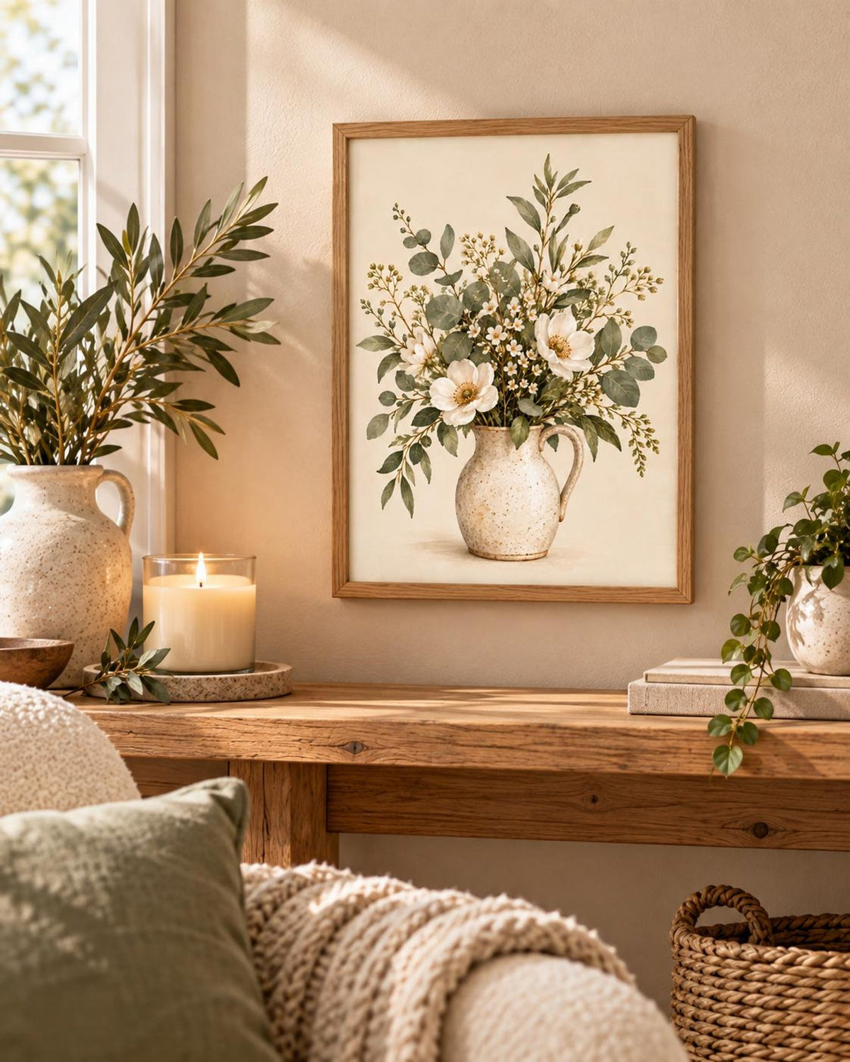 Framed Botanical Floral Print, Neutral Wildflower Vase Wall Art — lifestyle mockup 5