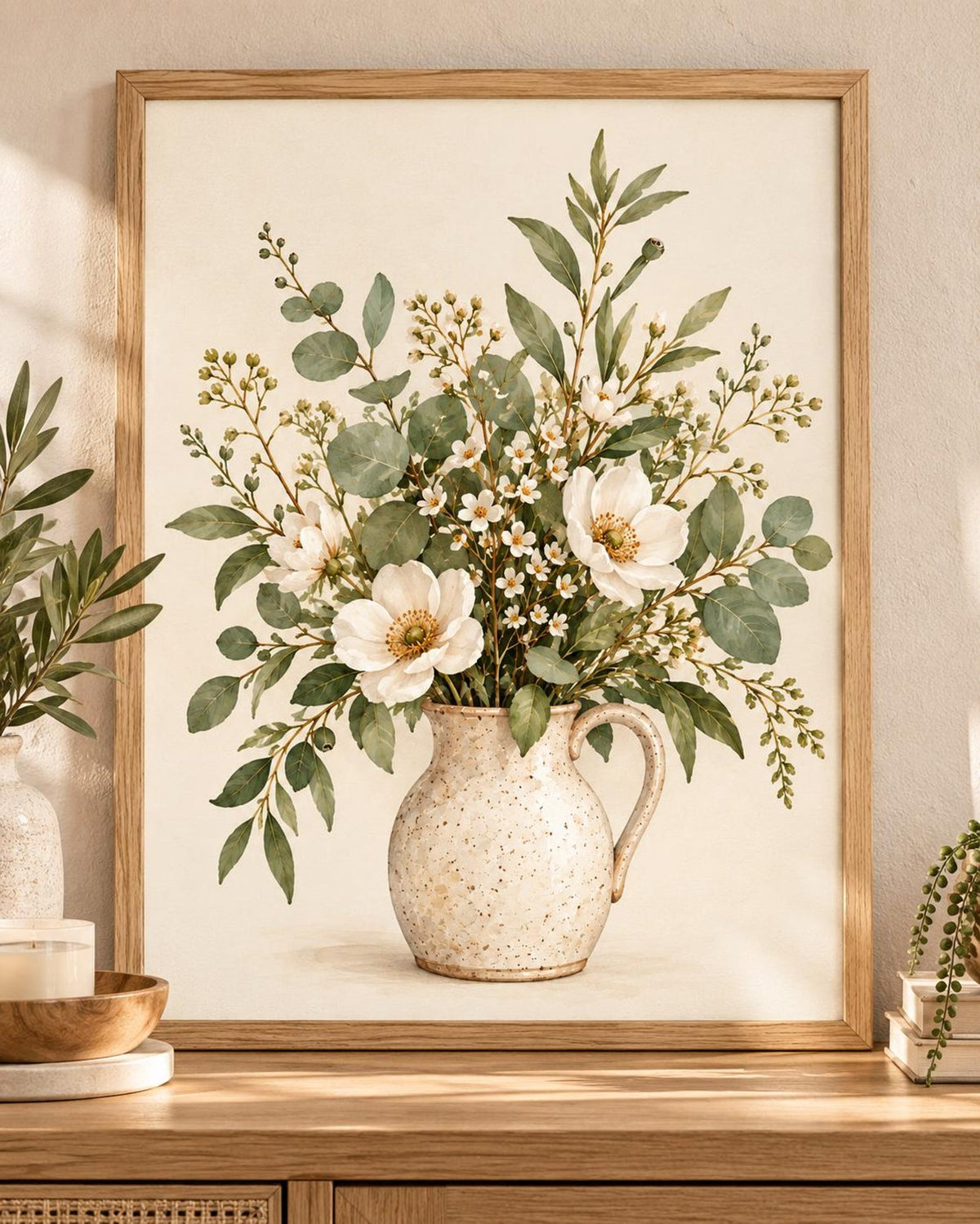 Botanical Floral Print, Neutral Wildflower Vase Wall Art — front image