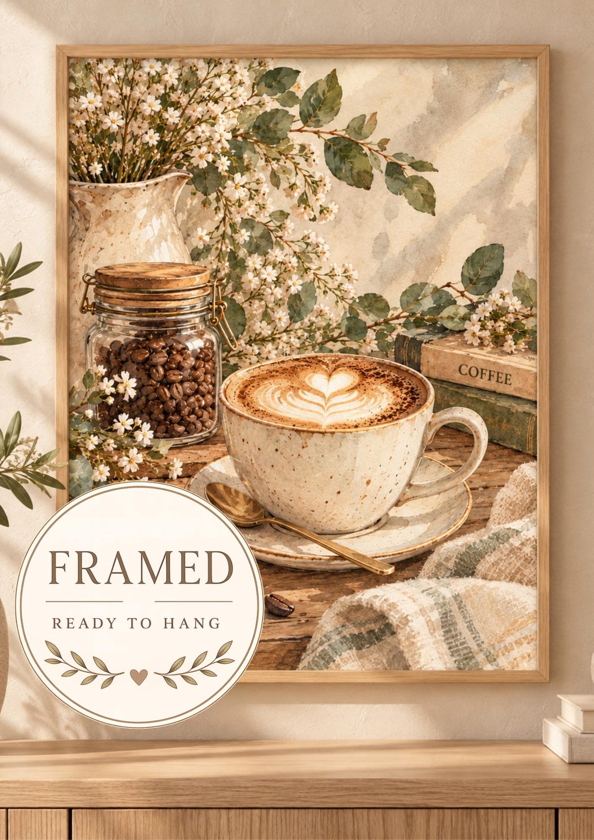 Framed Botanical Coffee Print, Neutral Latte Kitchen Art — framed ready-to-hang front image