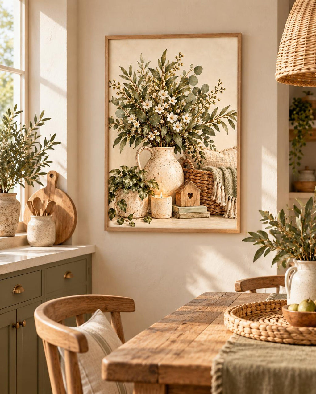 Neutral Botanical Print, Rustic Floral Still Life, Farmhouse Home Decor — lifestyle mockup 1