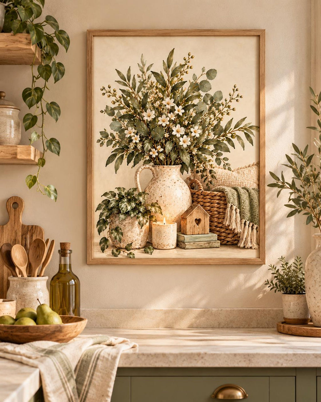Neutral Botanical Print, Rustic Floral Still Life, Farmhouse Home Decor — lifestyle mockup 2