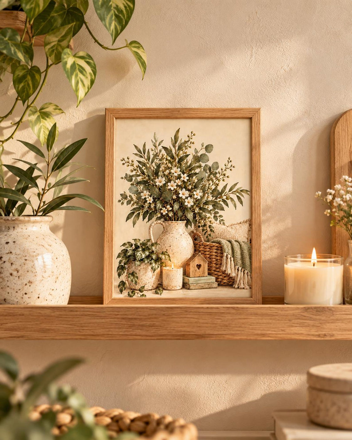 Neutral Botanical Print, Rustic Floral Still Life, Farmhouse Home Decor — lifestyle mockup 5