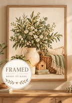 Framed Neutral Botanical Print, Rustic Floral Still Life, Farmhouse Home Decor — framed ready-to-hang front image