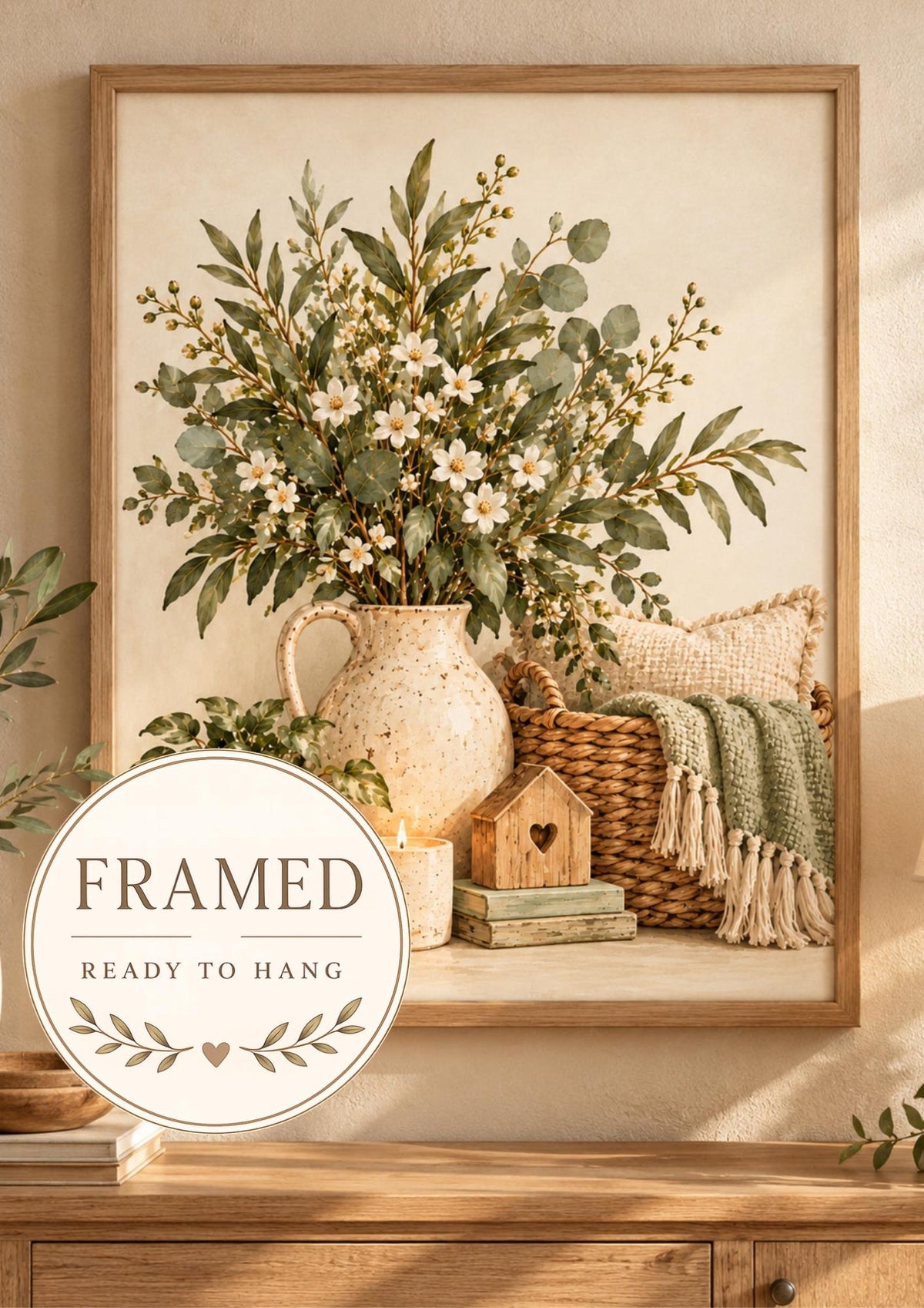 Framed Neutral Botanical Print, Rustic Floral Still Life, Farmhouse Home Decor — framed ready-to-hang front image