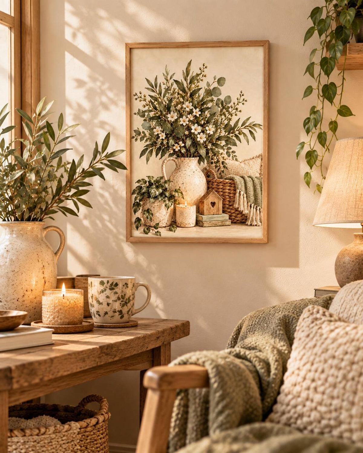 Framed Neutral Botanical Print, Rustic Floral Still Life, Farmhouse Home Decor — lifestyle mockup 1