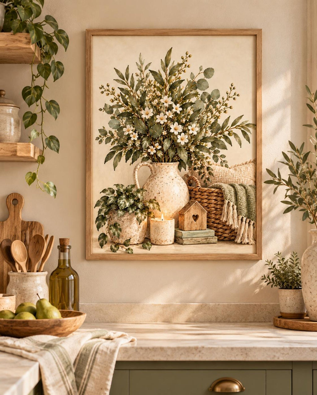 Framed Neutral Botanical Print, Rustic Floral Still Life, Farmhouse Home Decor — lifestyle mockup 5