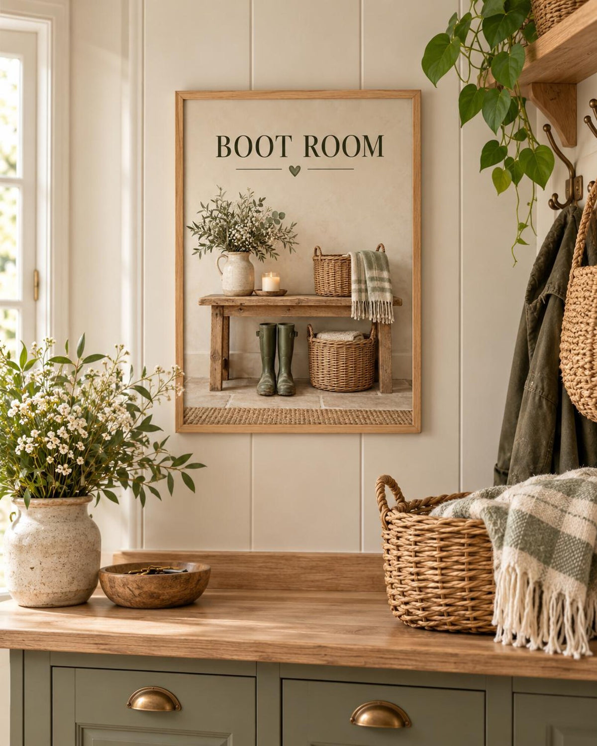 Framed Boot Room Print with Wellies, Rustic Bench and Country Mudroom Style — lifestyle mockup 1