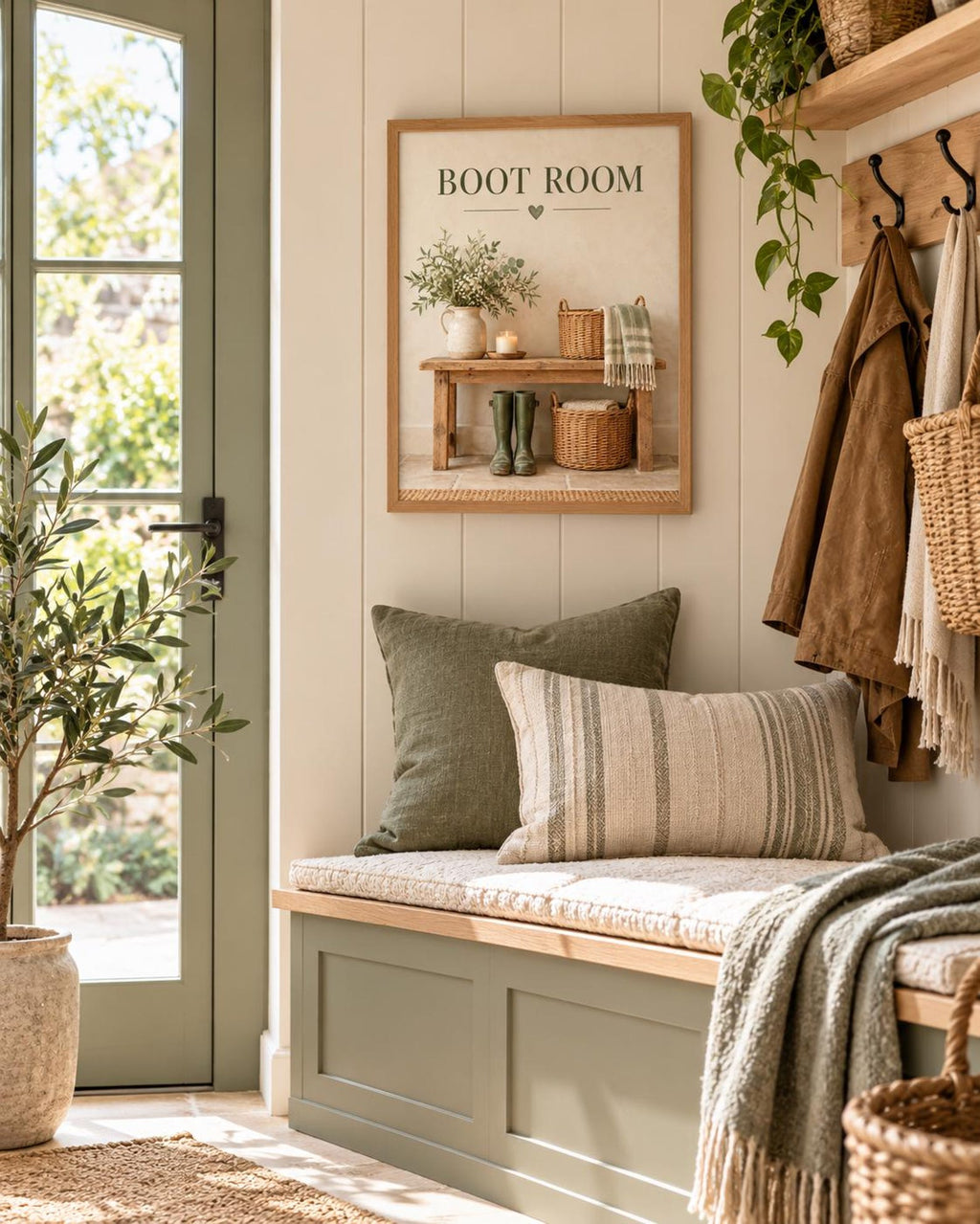 Framed Boot Room Print with Wellies, Rustic Bench and Country Mudroom Style — lifestyle mockup 2