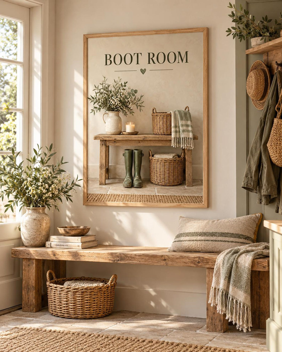 Framed Boot Room Print with Wellies, Rustic Bench and Country Mudroom Style — lifestyle mockup 3