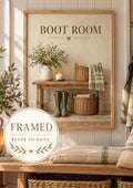 Framed Boot Room Print with Wellies, Rustic Bench and Country Mudroom Style — front image