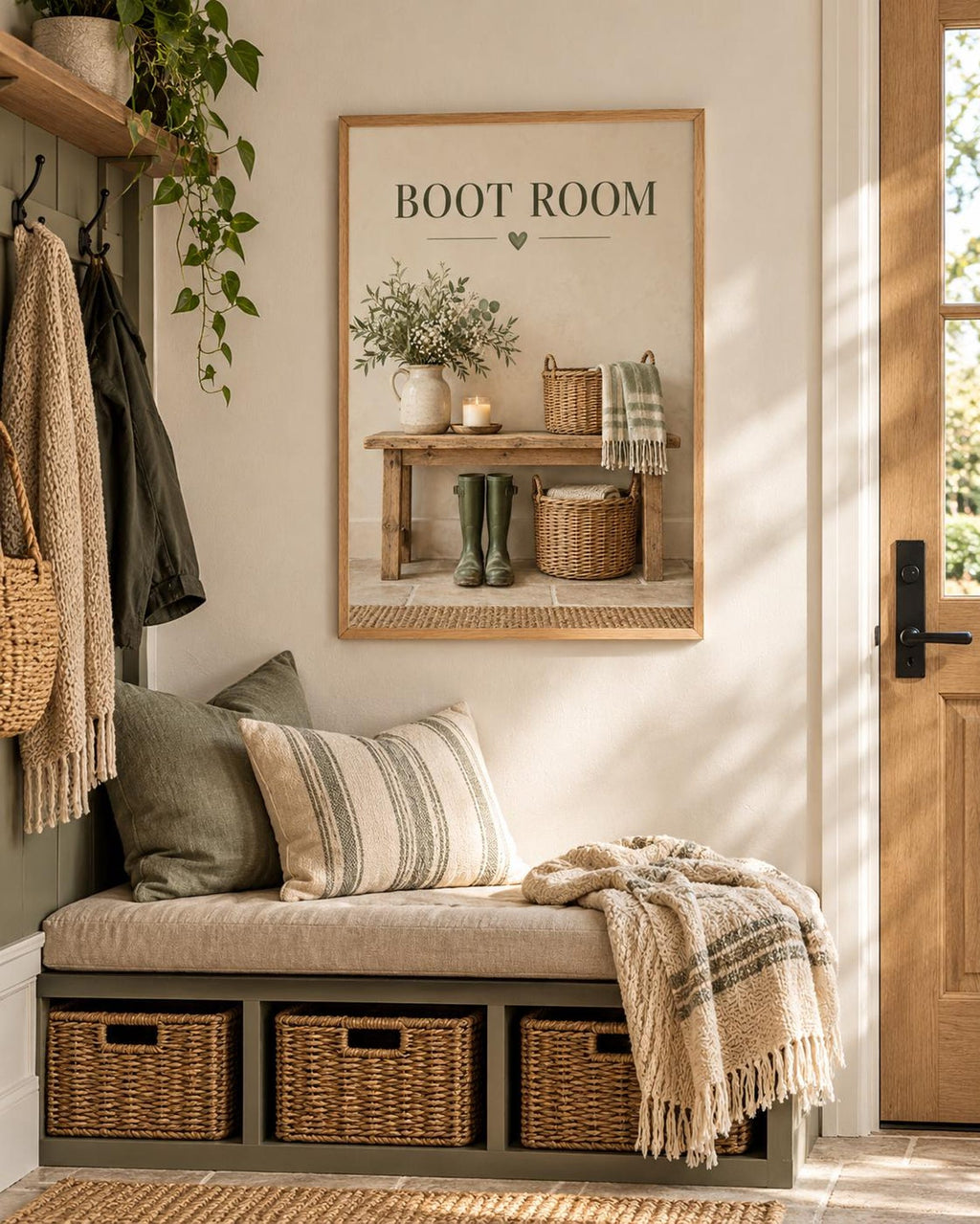 Boot Room Print, Country Mudroom Wall Art with Wellies and Rustic Bench — lifestyle mockup 1