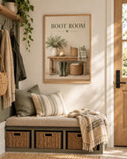 Boot Room Print, Country Mudroom Wall Art with Wellies and Rustic Bench — lifestyle mockup 1