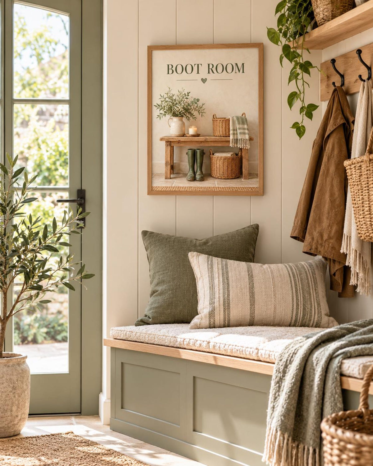 Boot Room Print, Country Mudroom Wall Art with Wellies and Rustic Bench — lifestyle mockup 2