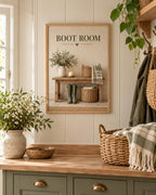 Boot Room Print, Country Mudroom Wall Art with Wellies and Rustic Bench — lifestyle mockup 3