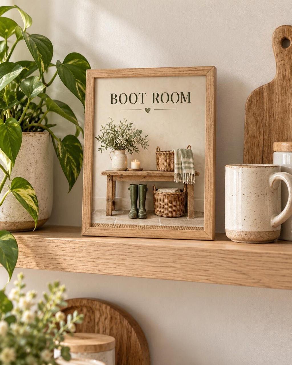 Boot Room Print, Country Mudroom Wall Art with Wellies and Rustic Bench — lifestyle mockup 5