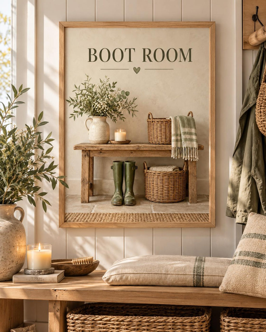 Boot Room Print, Country Mudroom Wall Art with Wellies and Rustic Bench — front image