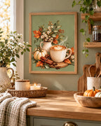 Autumn Coffee Print, Sage Green Latte and Pumpkin Kitchen Art — lifestyle mockup 1