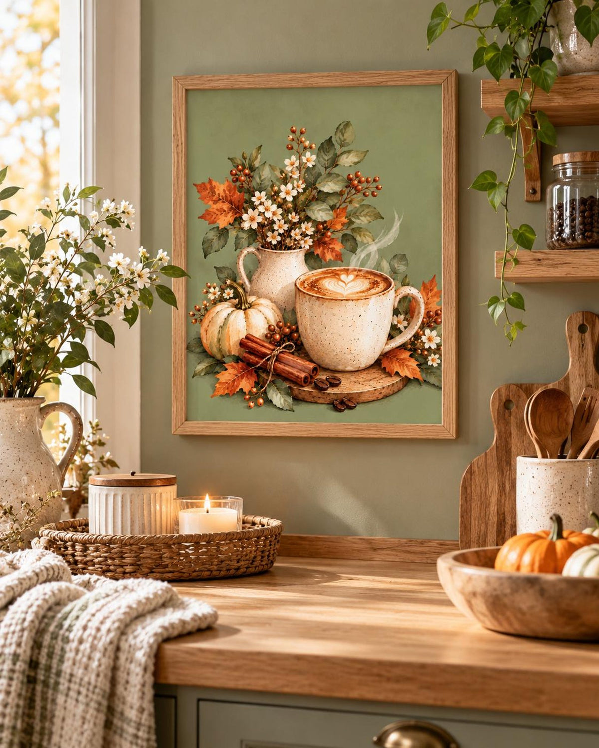 Autumn Coffee Print, Sage Green Latte and Pumpkin Kitchen Art — lifestyle mockup 1
