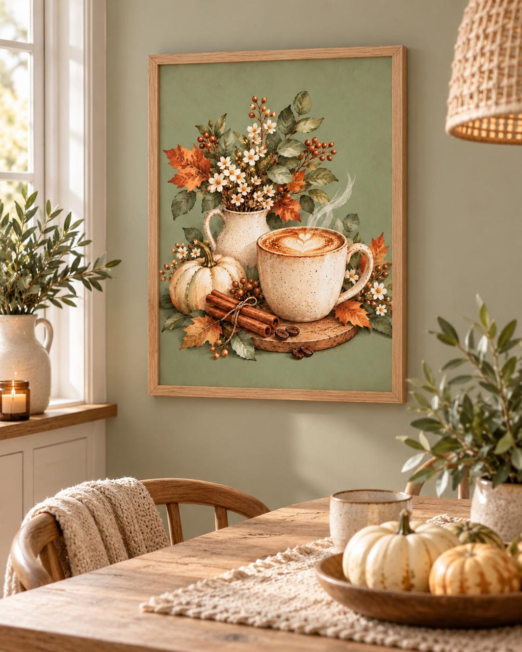 Autumn Coffee Print, Sage Green Latte and Pumpkin Kitchen Art — lifestyle mockup 4