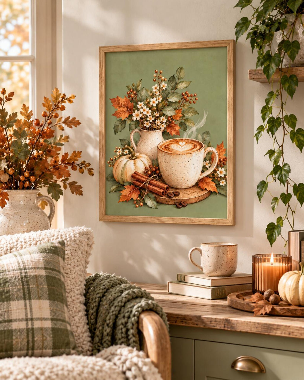 Autumn Coffee Print, Sage Green Latte and Pumpkin Kitchen Art — lifestyle mockup 5