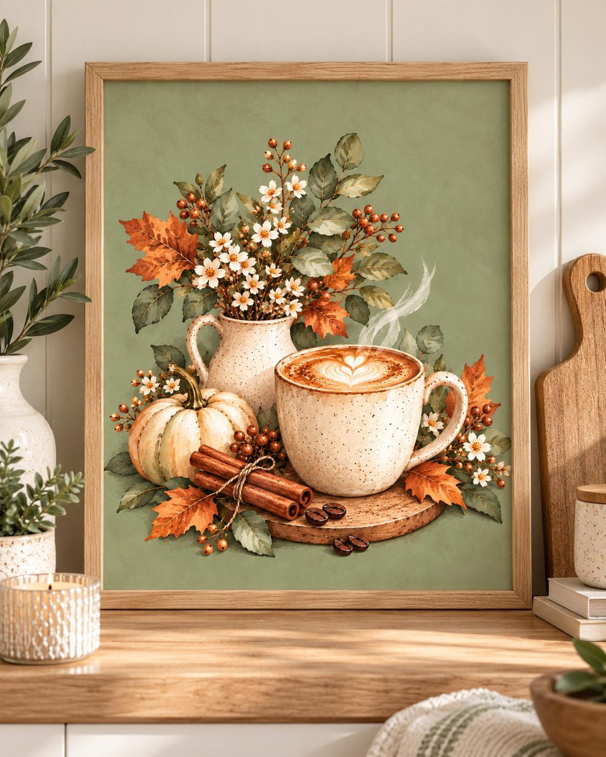 Autumn Coffee Print, Sage Green Latte and Pumpkin Kitchen Art — front image