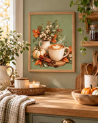 Framed Autumn Coffee Print, Sage Green Latte and Pumpkin Kitchen Art — lifestyle mockup 3