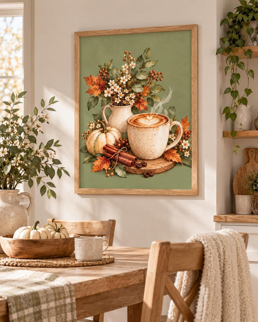 Framed Autumn Coffee Print, Sage Green Latte and Pumpkin Kitchen Art — lifestyle mockup 4