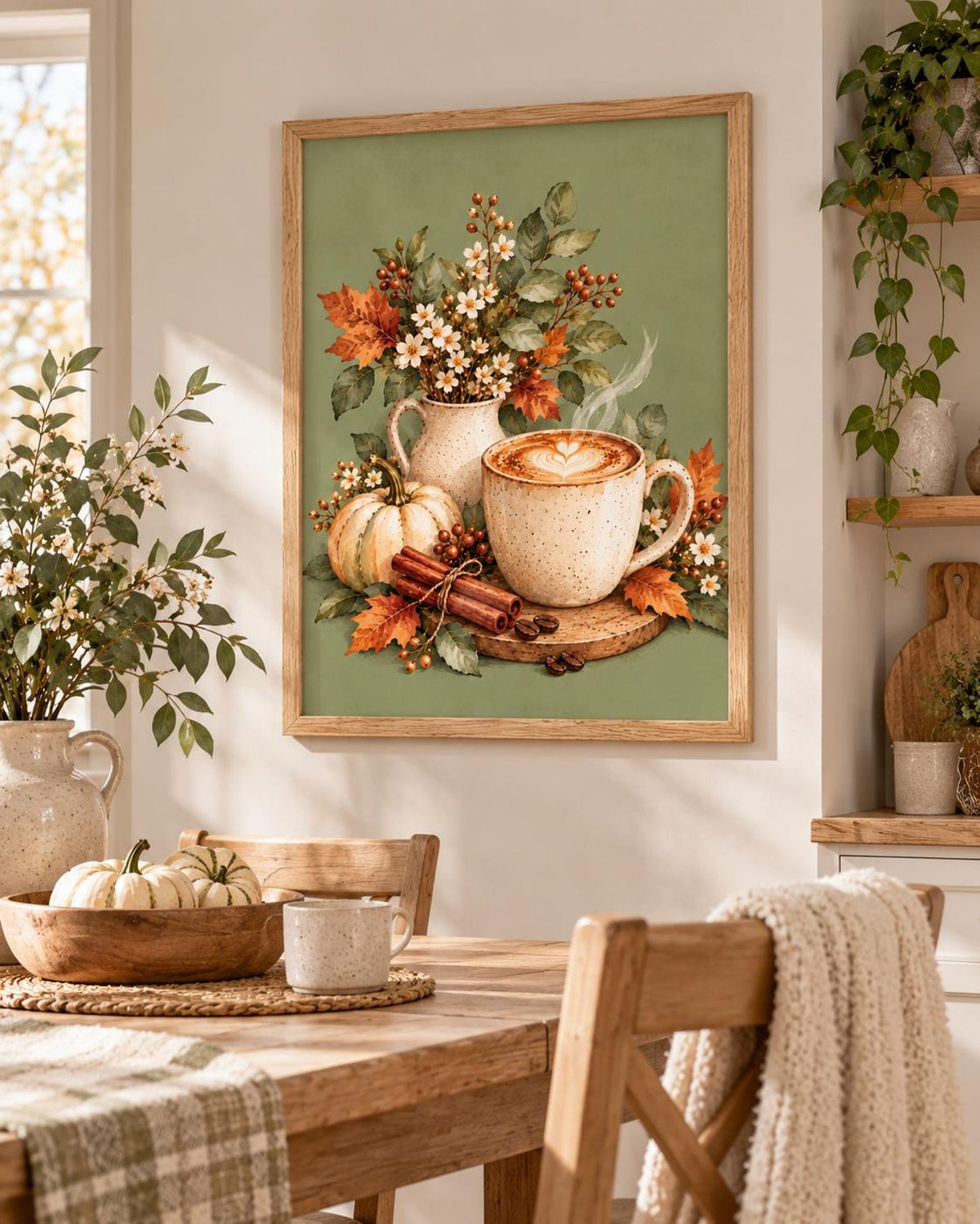 Framed Autumn Coffee Print, Sage Green Latte and Pumpkin Kitchen Art — lifestyle mockup 4
