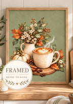 Framed Autumn Coffee Print, Sage Green Latte and Pumpkin Kitchen Art — front image