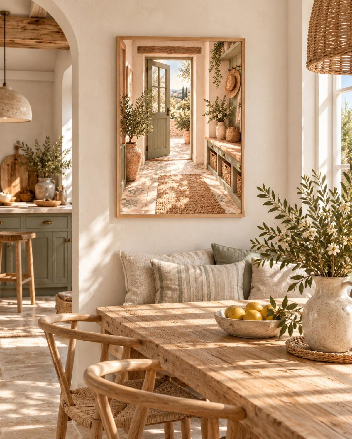 Mediterranean Entryway Print with Sage Green Door and Countryside View — lifestyle mockup 2
