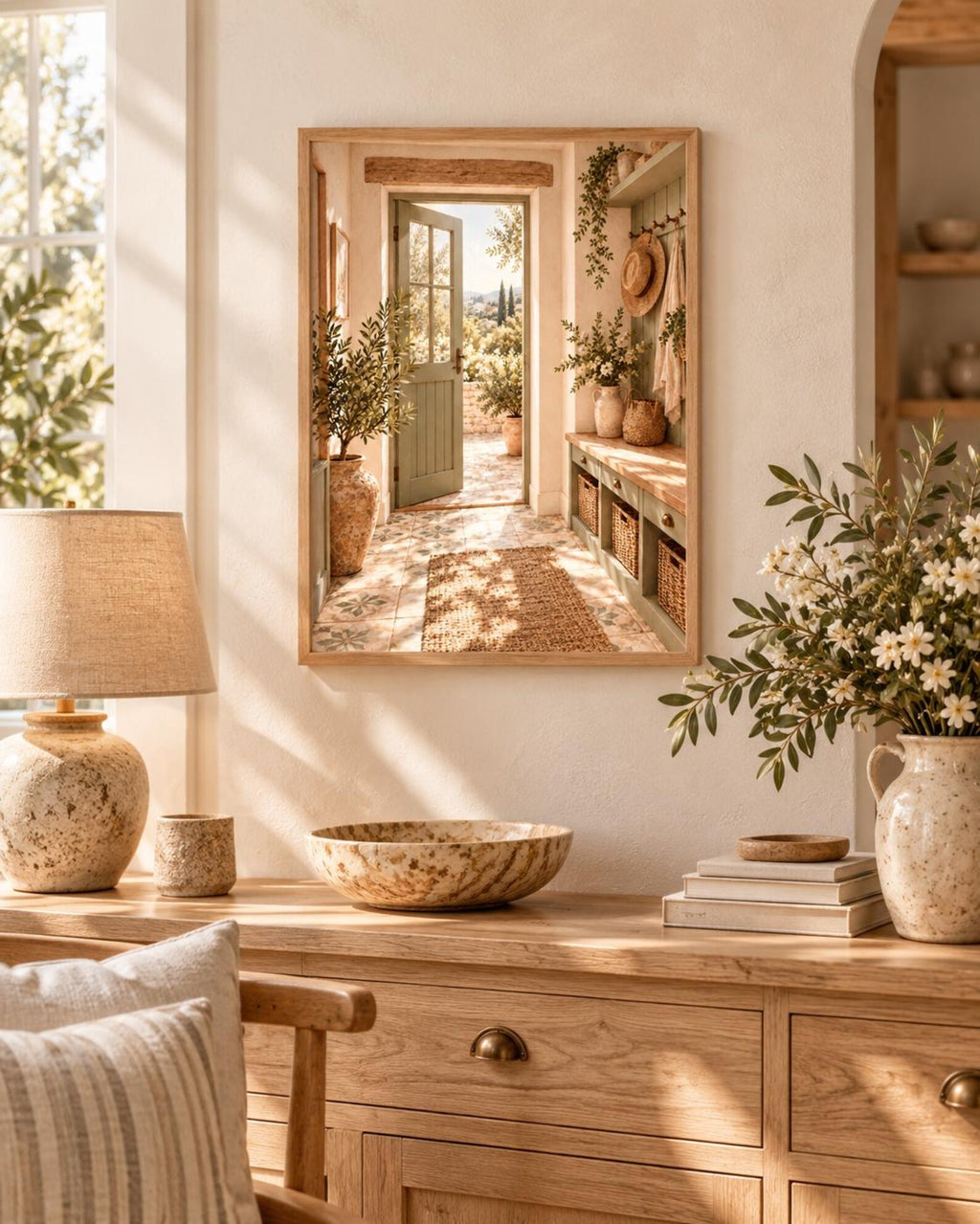 Mediterranean Entryway Print with Sage Green Door and Countryside View — lifestyle mockup 3